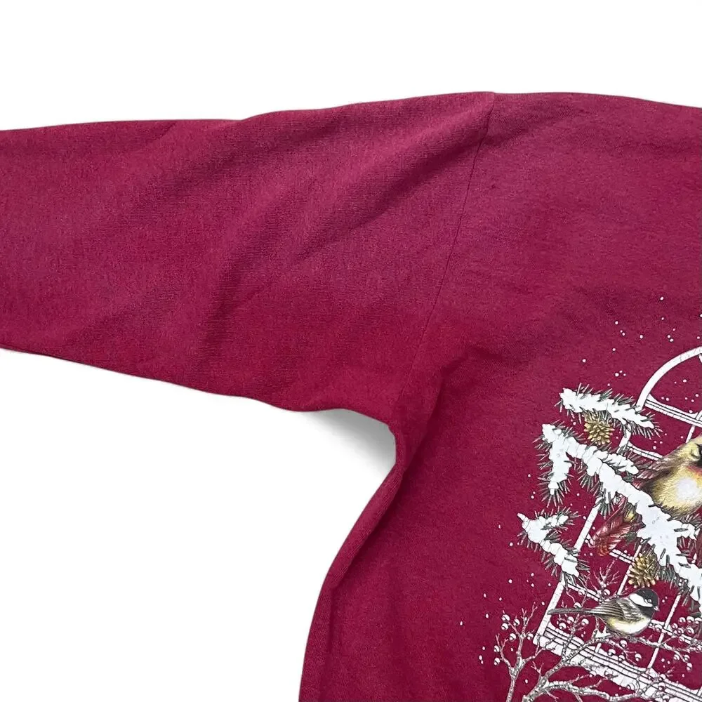 Vintage Winter Chickadee Bird Grannycore Double Collar Crewneck Sweatshirt M Red - Picture 12 of 14